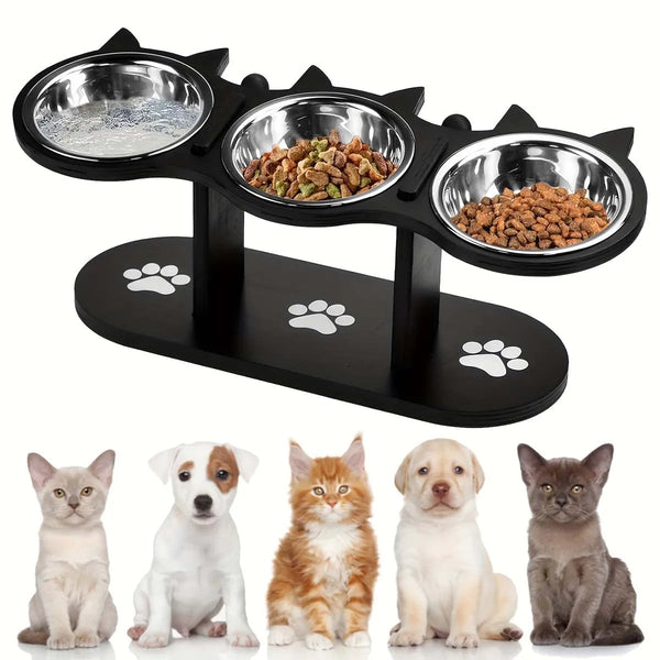 Erhöhter Katzennapf mit 3 Edelstahlschalen