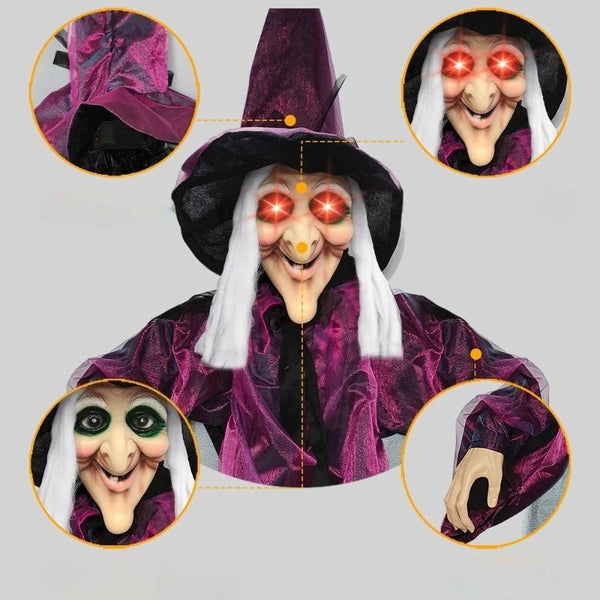 Lebensgroße animierte Halloween-Hexe mit roten Augen