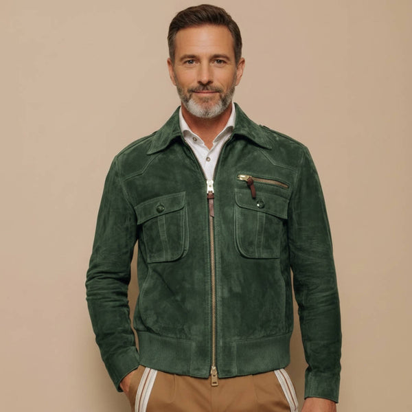 Herren Retro Wildlederjacke mit Revers, Reißverschluss und Brusttasche