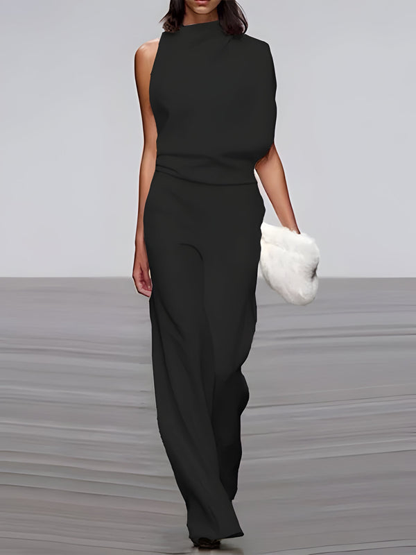Ärmelloser Damen-Jumpsuit mit Rundhalsausschnitt und ausgestelltem Bein