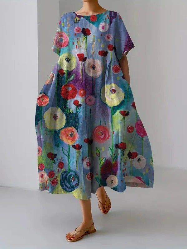 Lockeres Damenkleid mit künstlerischem Ölgemälde-Muster