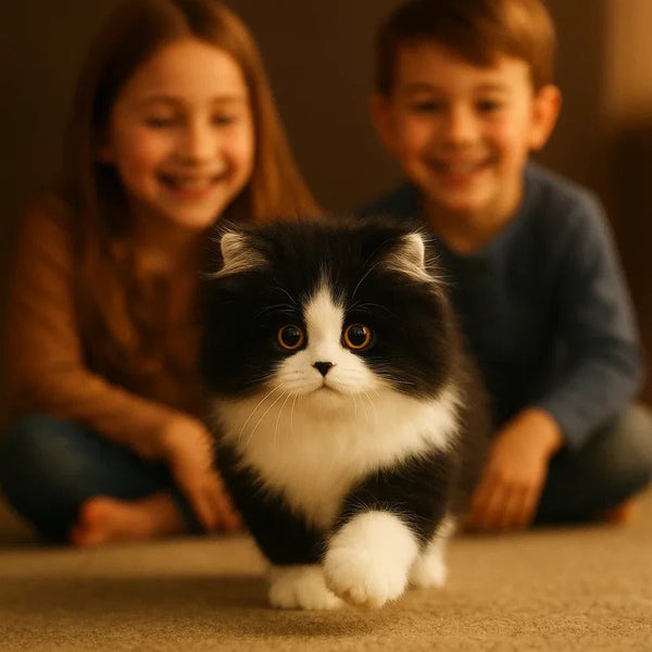 Lebensechte schwarz-weiße Plüschkatze