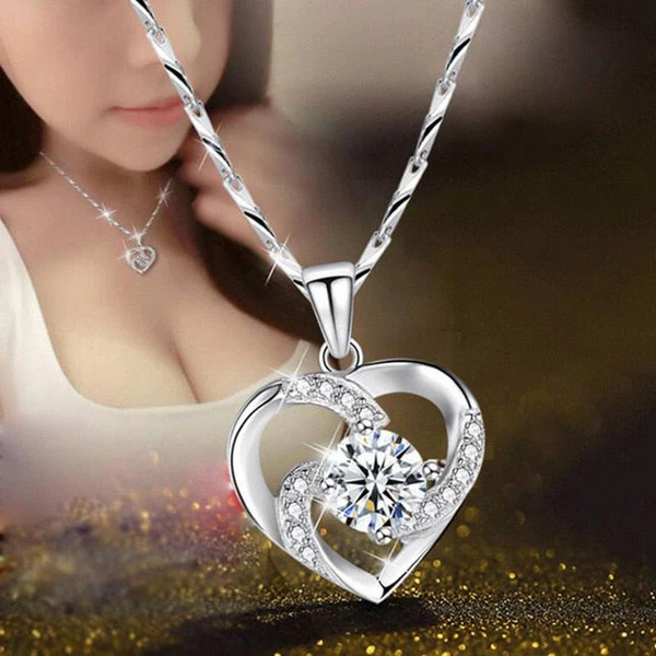 Kristall-Herz-Halskette - 925 Sterlingsilber-Anhänger mit Zirkonia-Kristall