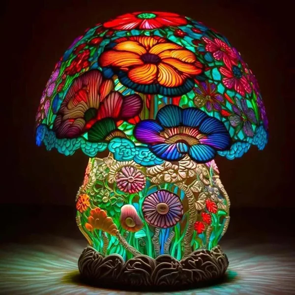 Tischlampe aus Buntglas im Pflanzendesign