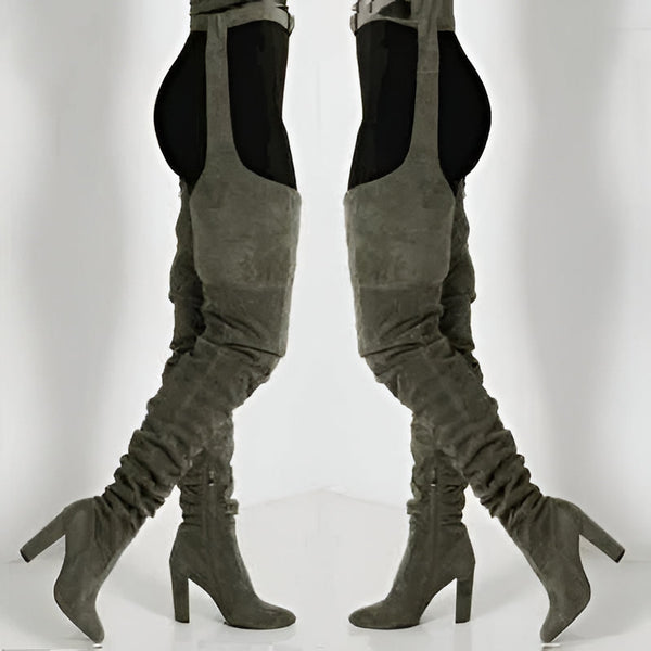 Damen Overknee-Stiefel aus Wildlederimitat mit Taillengürtel und klobigem Absatz