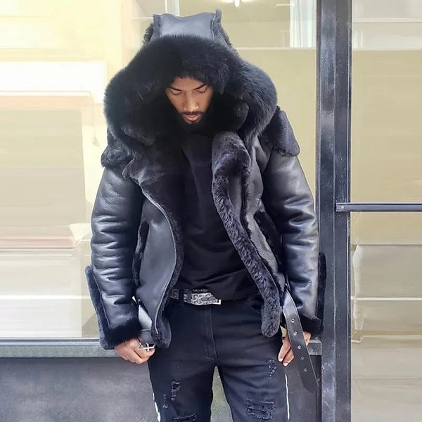 Herren Winter Lammfell Lederjacke mit Kapuze und Pelzbesatz