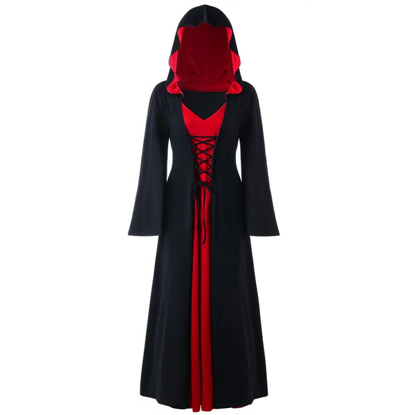 Offizielles Mittelalterliches Vampir-Hexenkleid für Damen mit Schnürung und Kapuzenumhang
