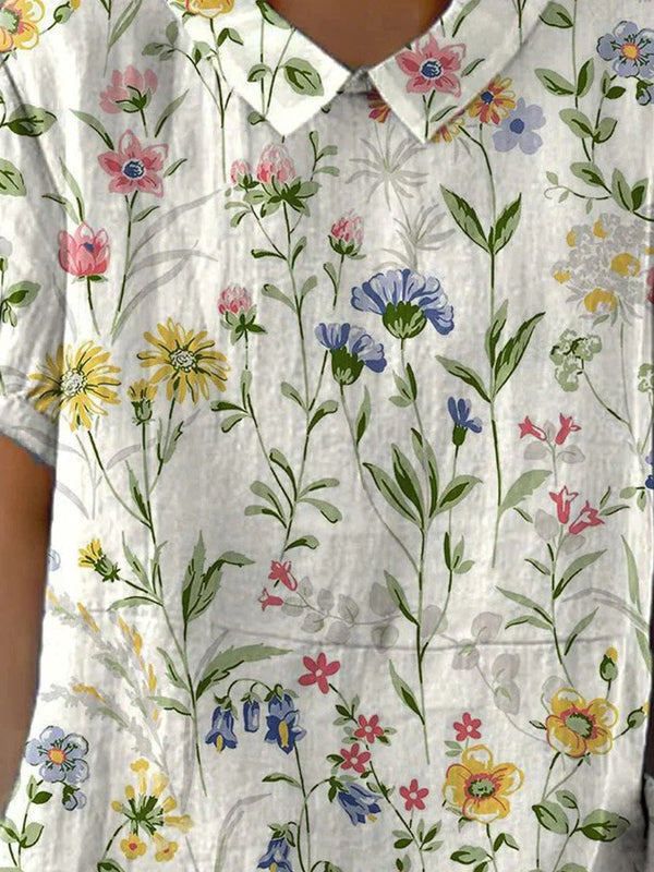Damen Freizeit-Bluse aus Baumwoll-Leinen mit Retro-Blumenmuster