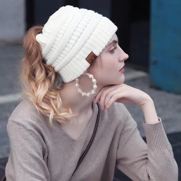 Damen Ponytail Beanie Mütze für Messy Bun - Geripptes Design