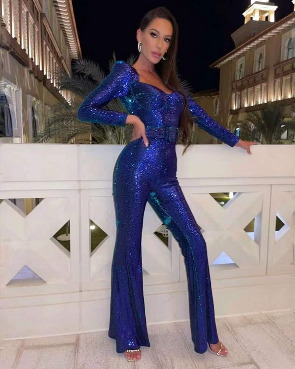 Langärmliger Pailletten-Jumpsuit
