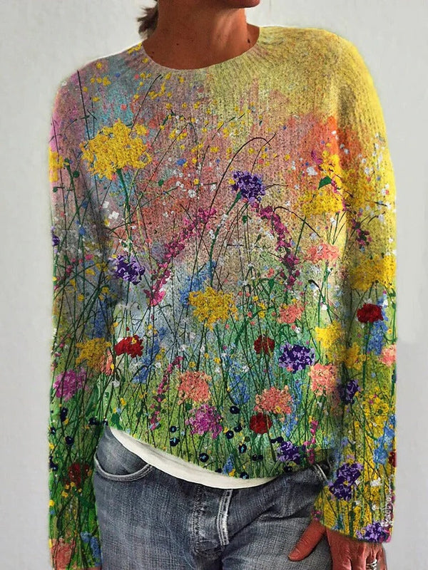 Gemütlicher Pullover mit Blumen-Ölgemälde-Motiv